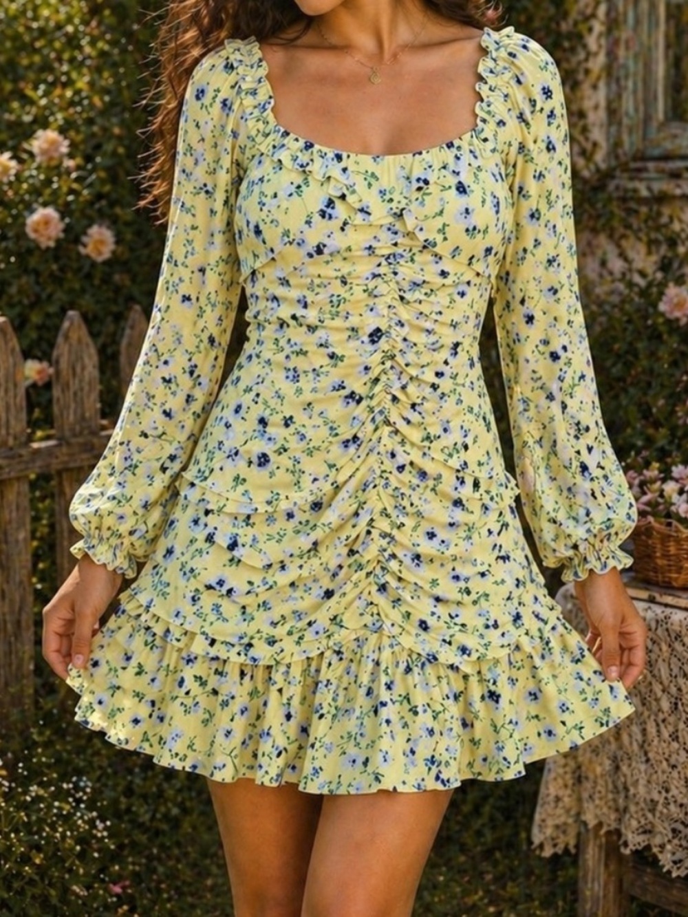 Yellow Floral Ruched Mini Dress Puff Sleeve Cottagecore Size S